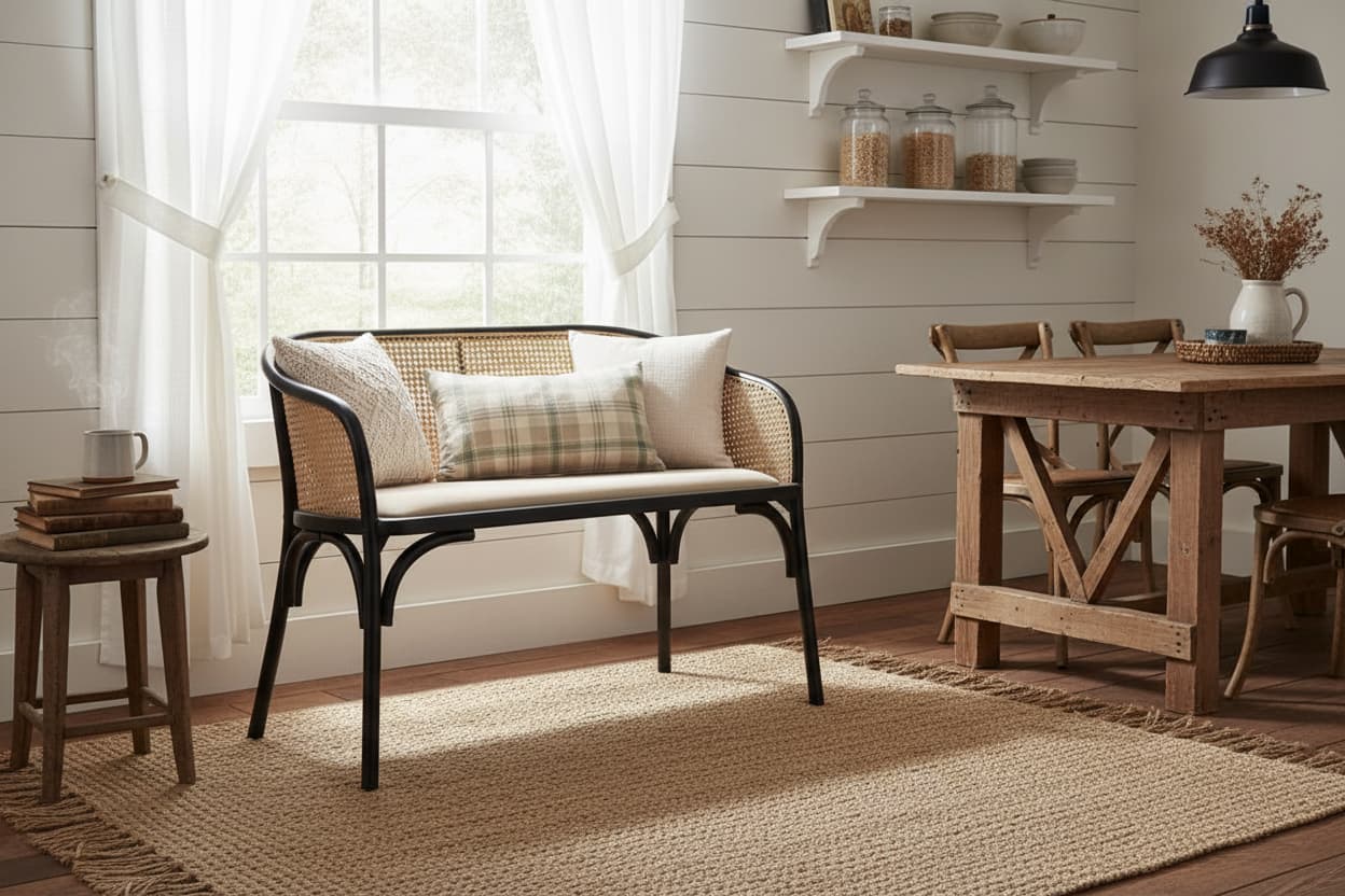Pacific Natural Cane Bench with Black Beech Wood Frame