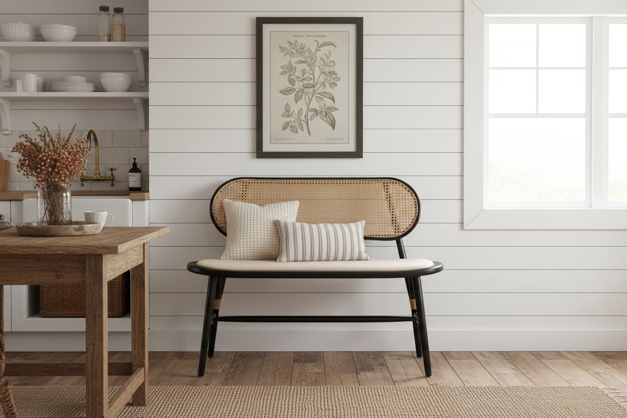 Pacific Natural Cane Bench with Black Elm Wood Frame