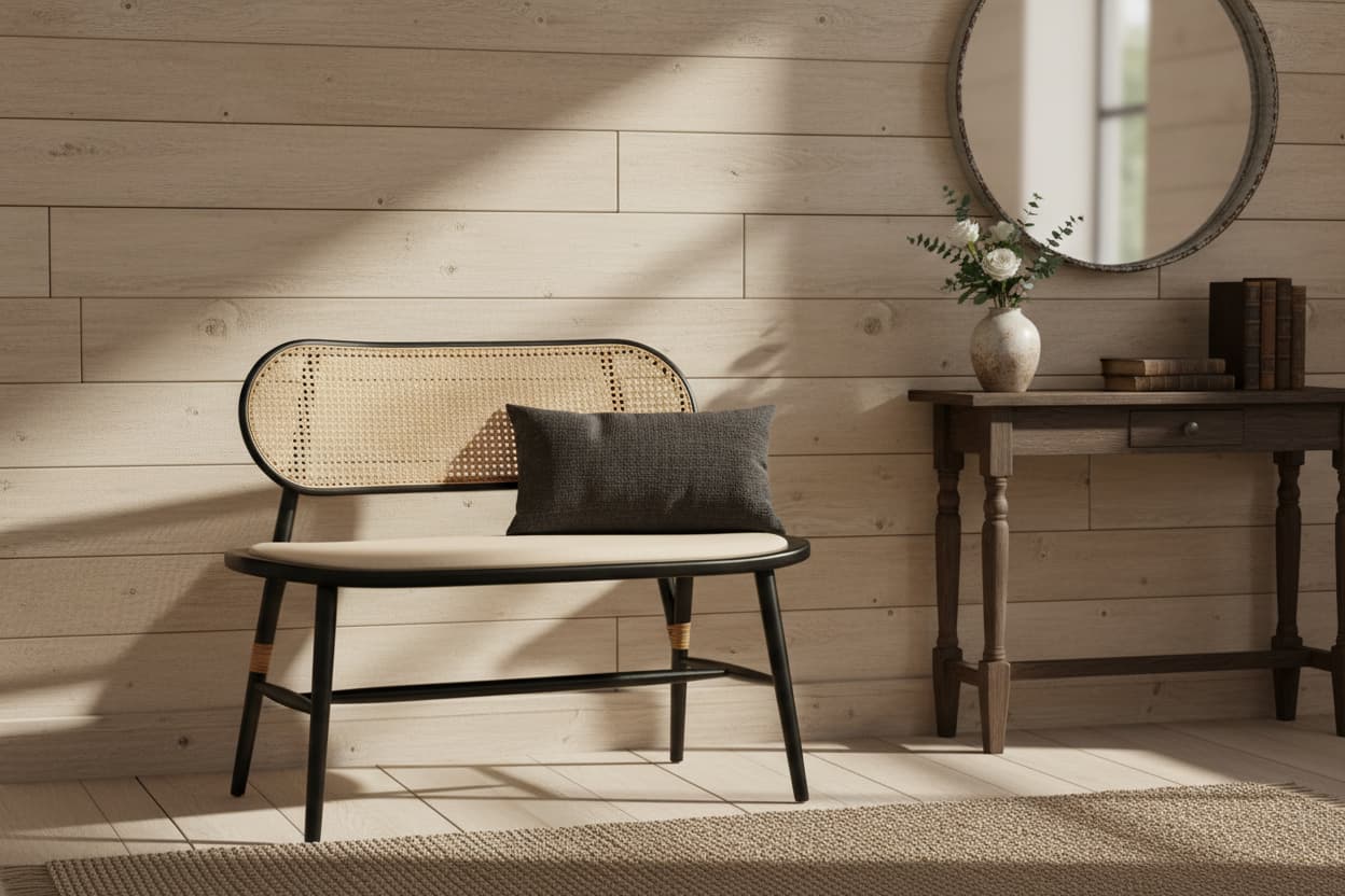 Pacific Natural Cane Bench with Black Elm Wood Frame