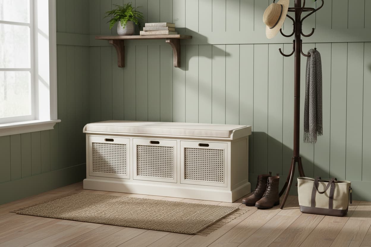 Heirloom Antique White Three Drawer Storage Bench with Cushion