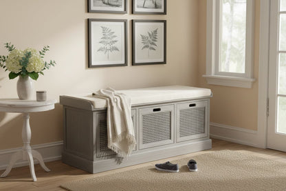 Heirloom Grey Three Drawer Storage Bench with Cushion