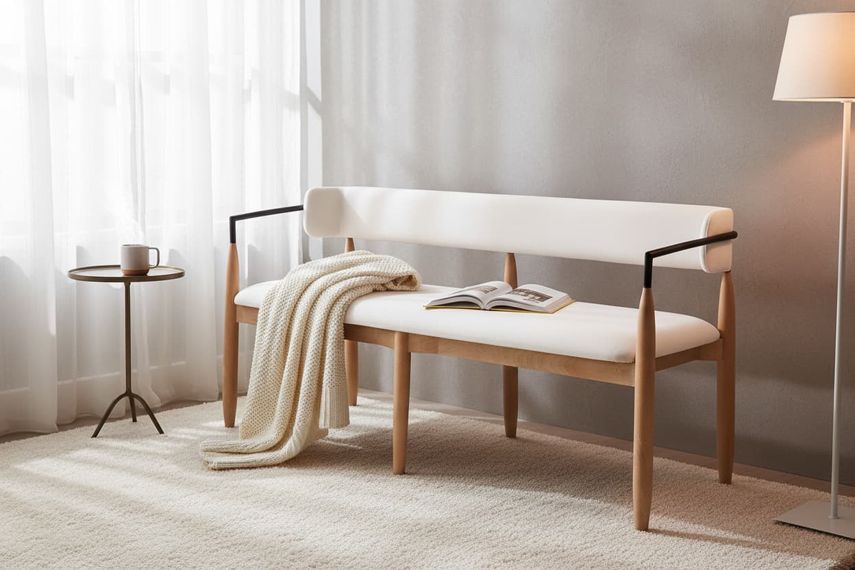 Uno Cream Textured Fabric Dining Bench with Wood Frame