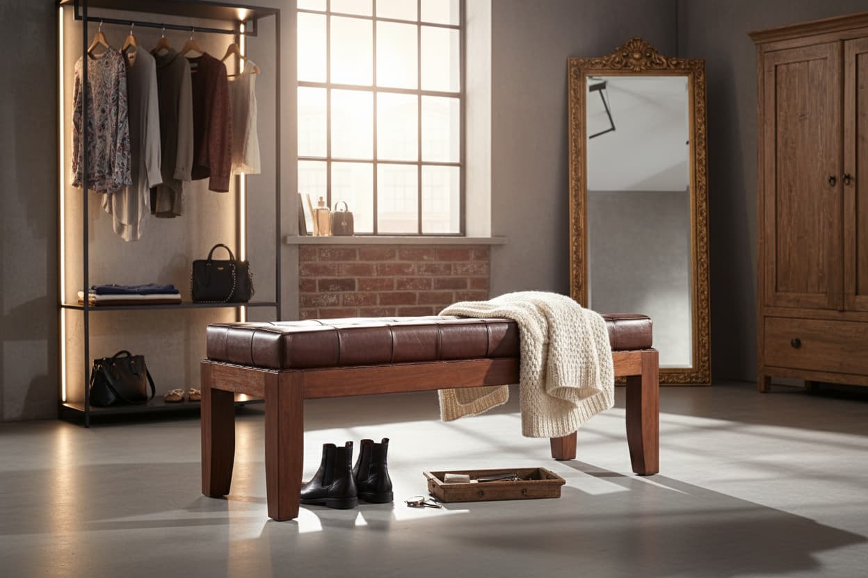 Andes Antique Brown Leather Bench