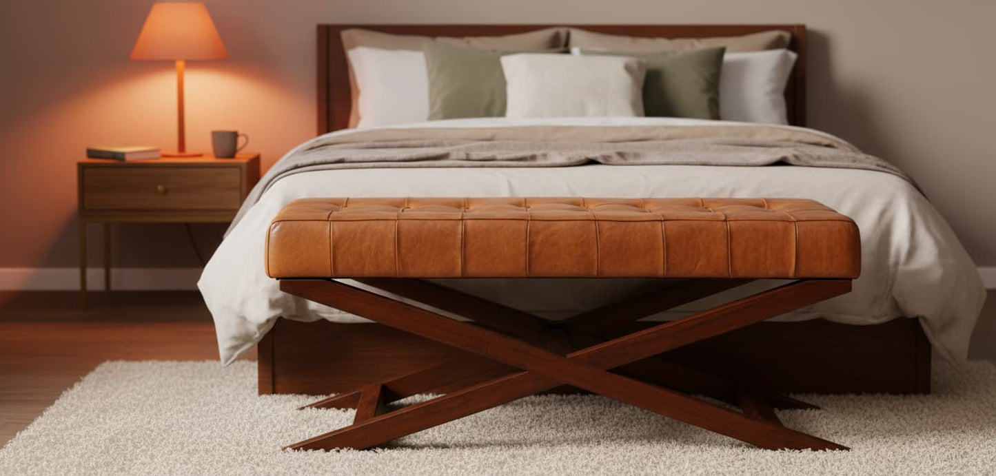 Andes Brown Leather Bench with Cedarwood Base