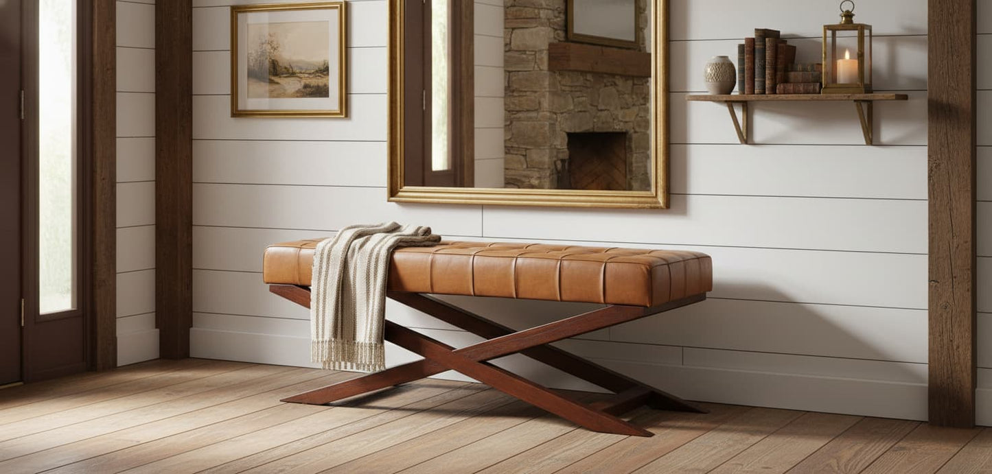 Andes Brown Leather Bench with Cedarwood Base