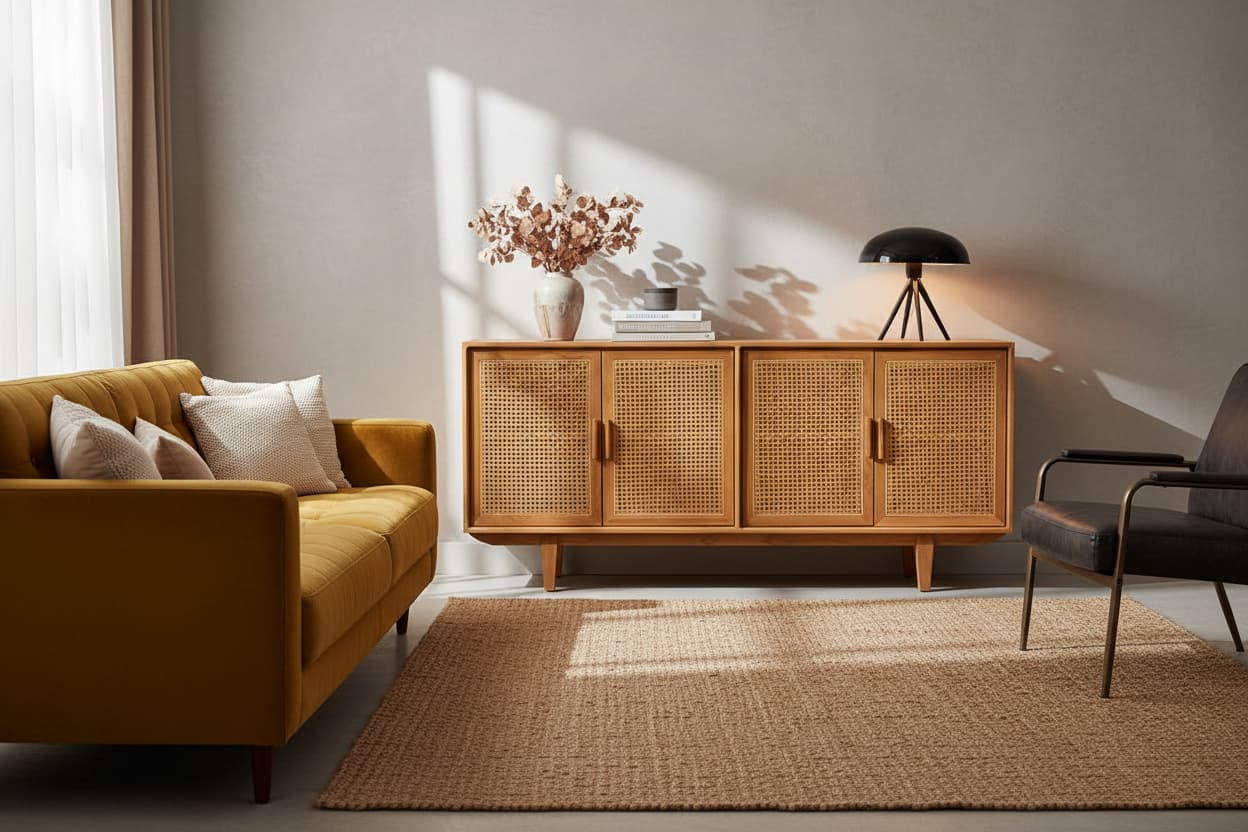 Bordeaux Rattan and Oak Wood 4 Door Sideboard