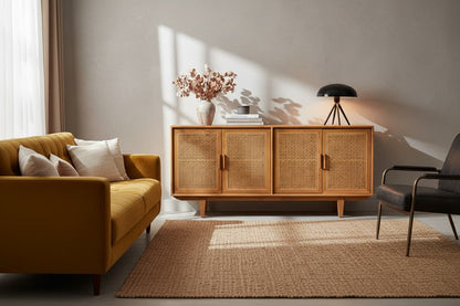 Bordeaux Rattan and Oak Wood 4 Door Sideboard