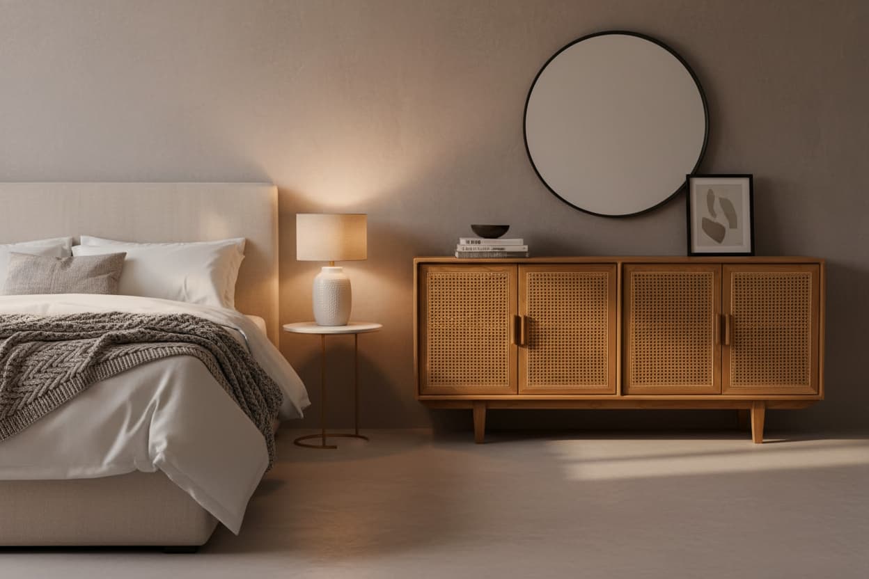 Bordeaux Rattan and Oak Wood 4 Door Sideboard