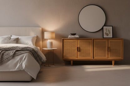 Bordeaux Rattan and Oak Wood 4 Door Sideboard