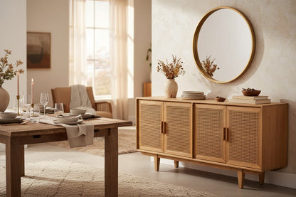 Bordeaux Rattan and Oak Wood 4 Door Sideboard