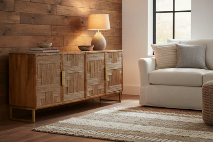 Teoman Mango Wood Paper Rope Detail Four Door Sideboard