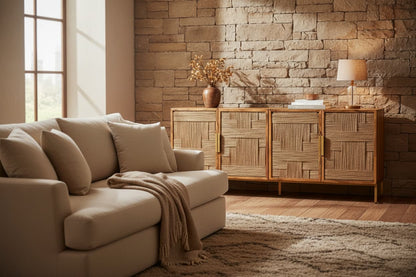 Teoman Mango Wood Paper Rope Detail Four Door Sideboard