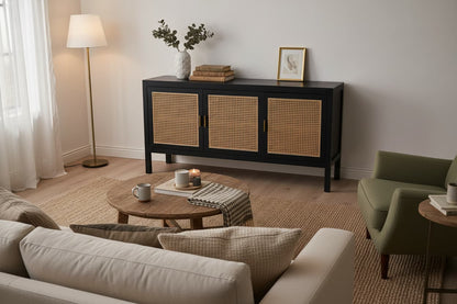 Via Black Sideboard with 3 Rattan Doors