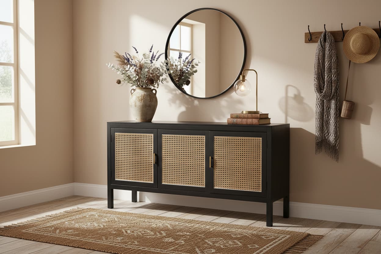 Via Black Sideboard with 3 Rattan Doors