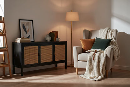 Via Black Sideboard with 3 Rattan Doors