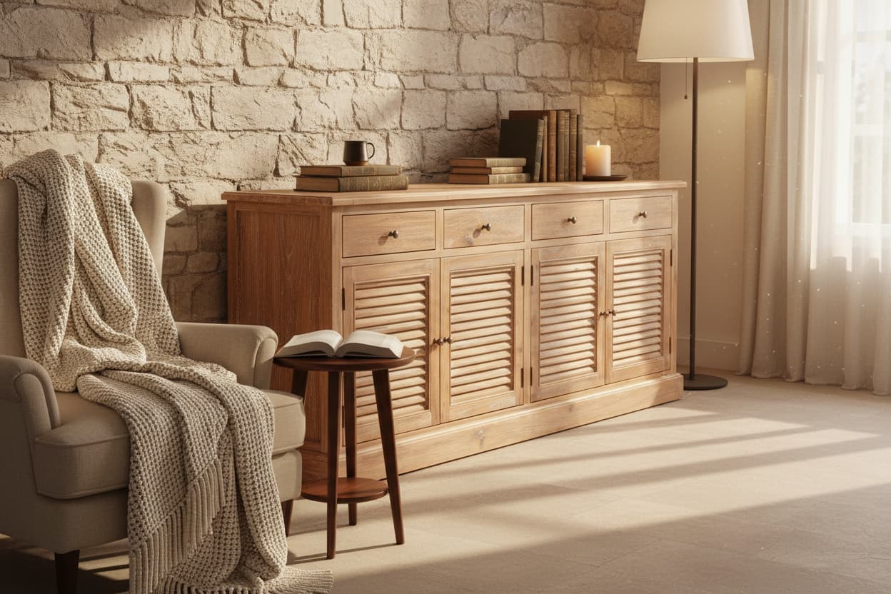 Bordeaux Oak Wood Sideboard with Whitewash Finish