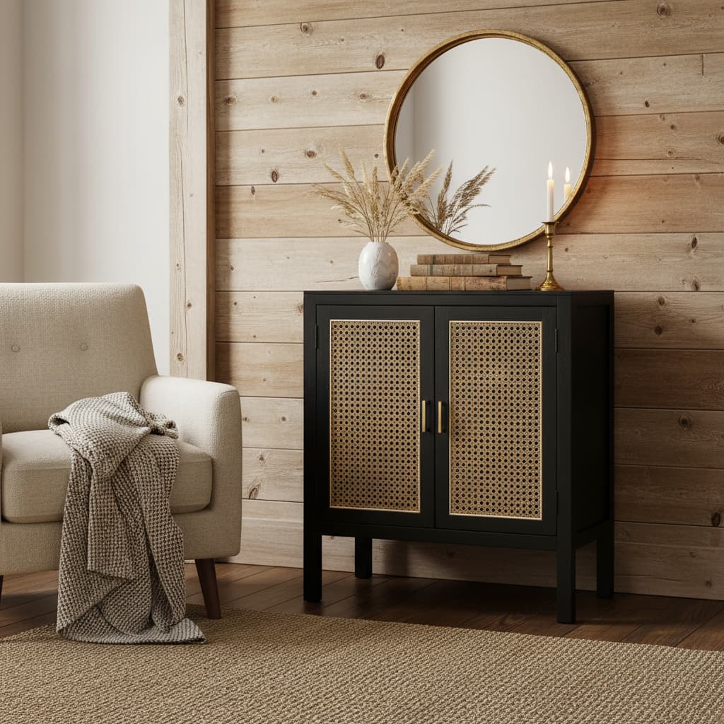 Via Black Sideboard with Two Rattan Doors