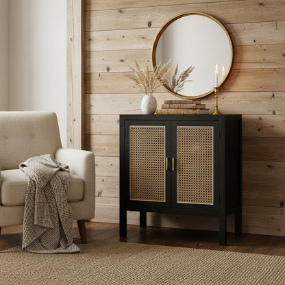 Via Black Sideboard with Two Rattan Doors