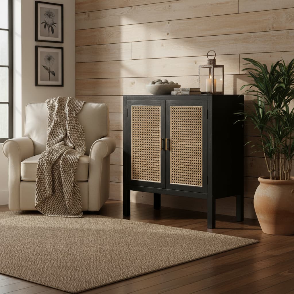 Via Black Sideboard with Two Rattan Doors