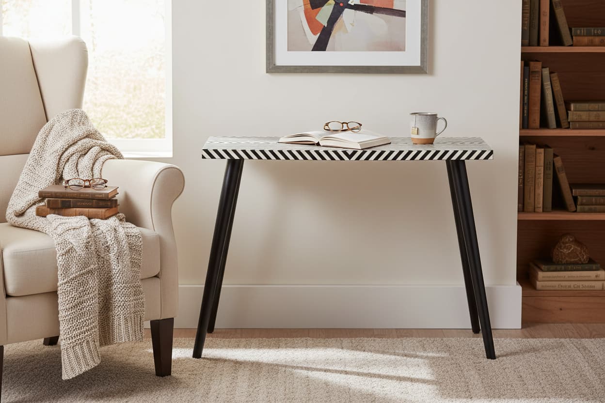 Indie Black and White Bone Inlay Console Table with Metal Legs