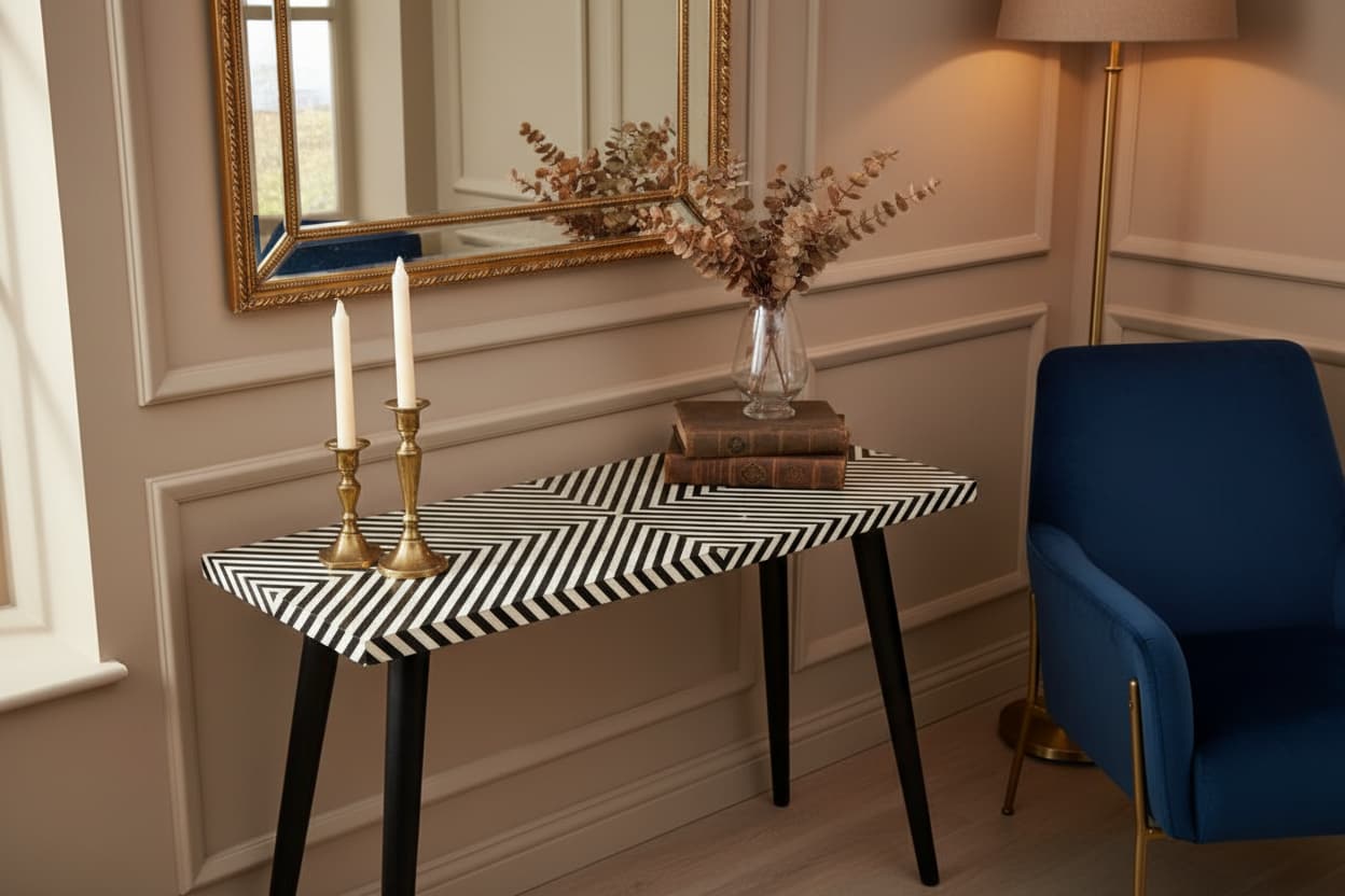 Indie Black and White Bone Inlay Console Table with Metal Legs
