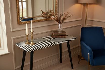 Indie Black and White Bone Inlay Console Table with Metal Legs