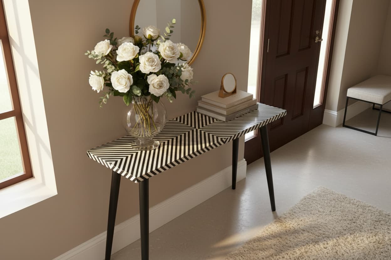 Indie Black and White Bone Inlay Console Table with Metal Legs
