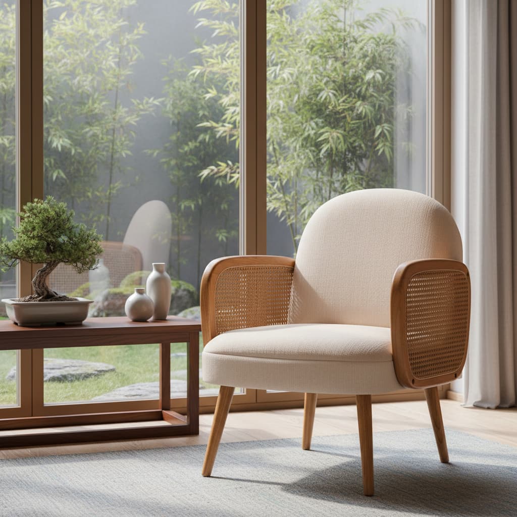 Pacific Ivory Fabric and Cane Chair with Elm Wood Legs