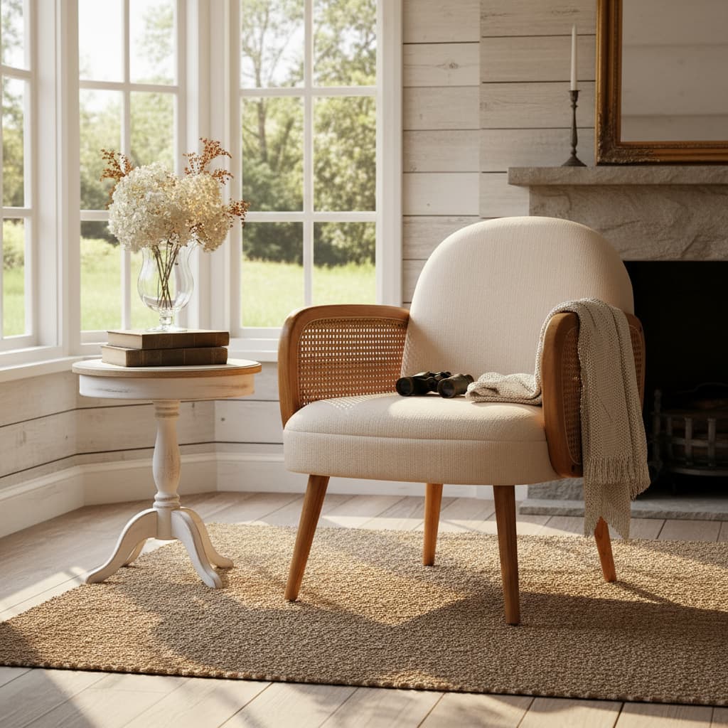 Pacific Ivory Fabric and Cane Chair with Elm Wood Legs