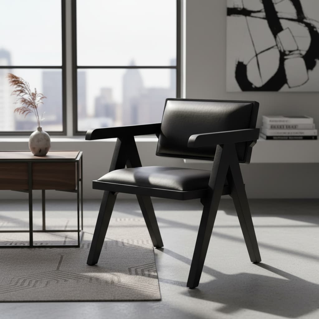 Dakota Black Leather Armchair With Wood Frame