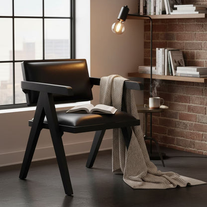 Dakota Black Leather Armchair With Wood Frame