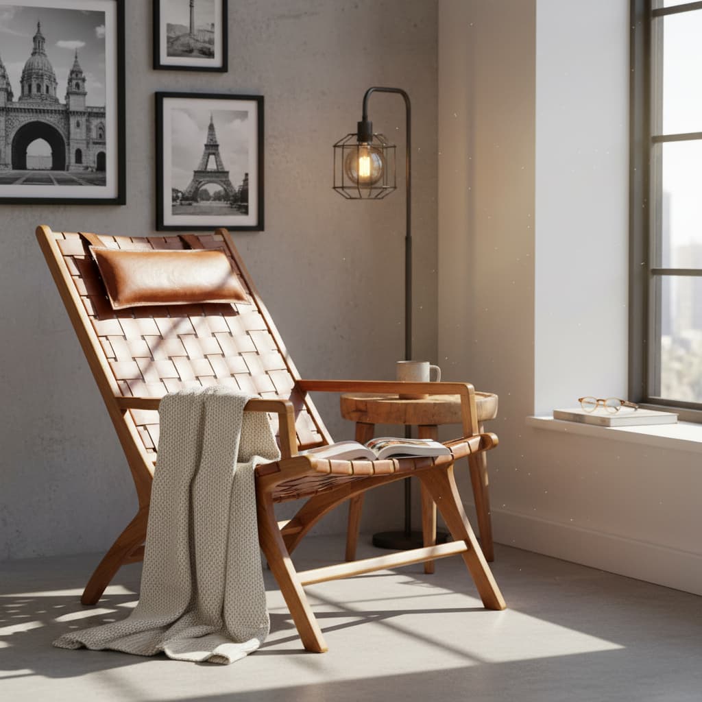 Sumatra Teak Wood And Woven Leather Chair