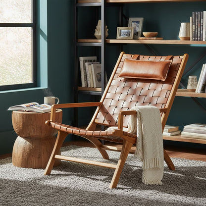Sumatra Teak Wood And Woven Leather Chair