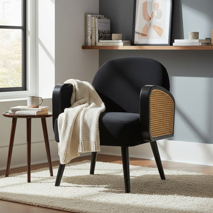Pacific Black Velvet and Rattan Armchair