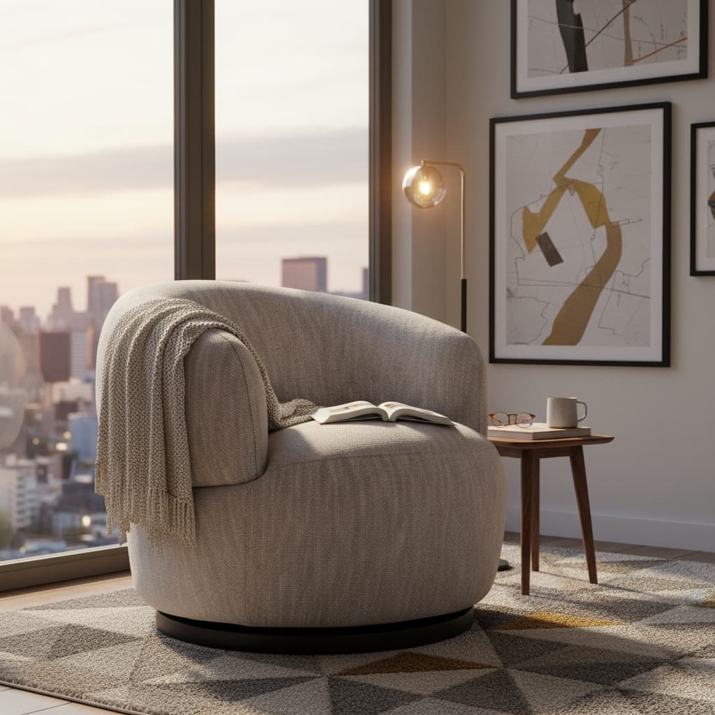 Outline Textured Grey Curved Swivel Chair