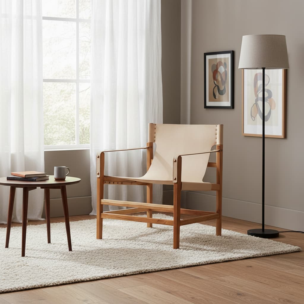 Sumatra Cream Leather and Teak Wood Chair
