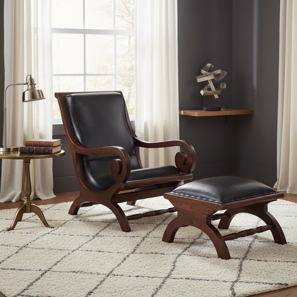 Andes Genuine Black Leather and Teak Lounge Chair with Footstool