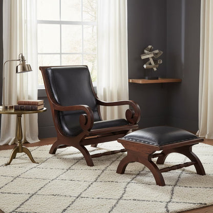 Andes Genuine Black Leather and Teak Lounge Chair with Footstool