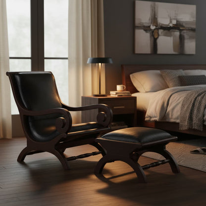Andes Genuine Black Leather and Teak Lounge Chair with Footstool