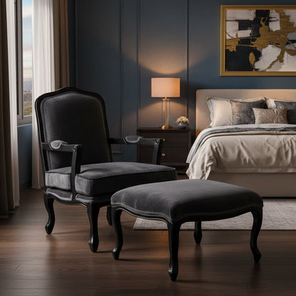 Baroque Grey Velvet Chair And Footstool