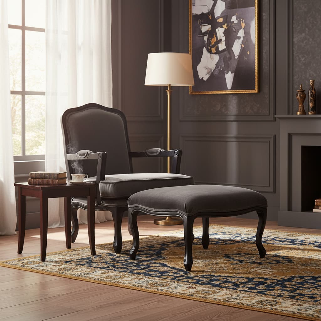 Baroque Grey Velvet Chair And Footstool
