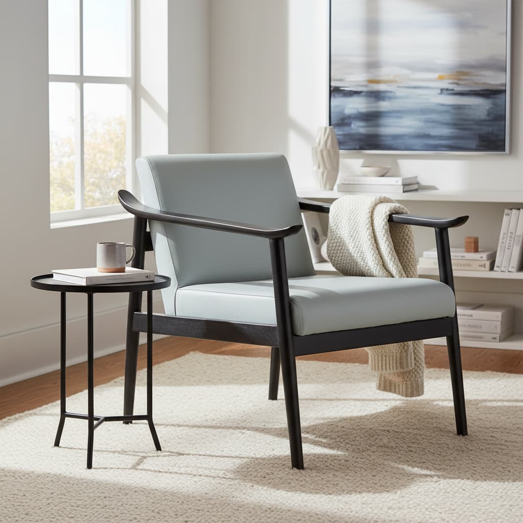 Sumatra Grey Leather Chair with Black Teak Wood Frame