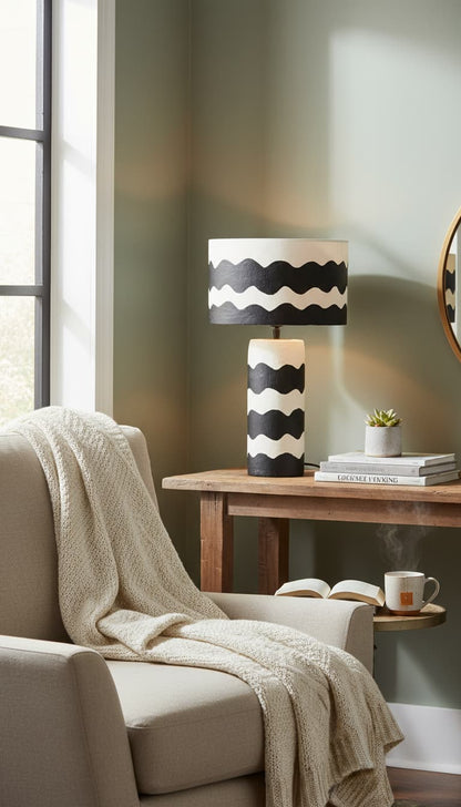 Vellum Black And White Curved Stripe Papier Mache Table Lamp