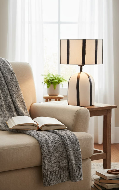 Vellum Black and White Stripe Papier Mache Table Lamp