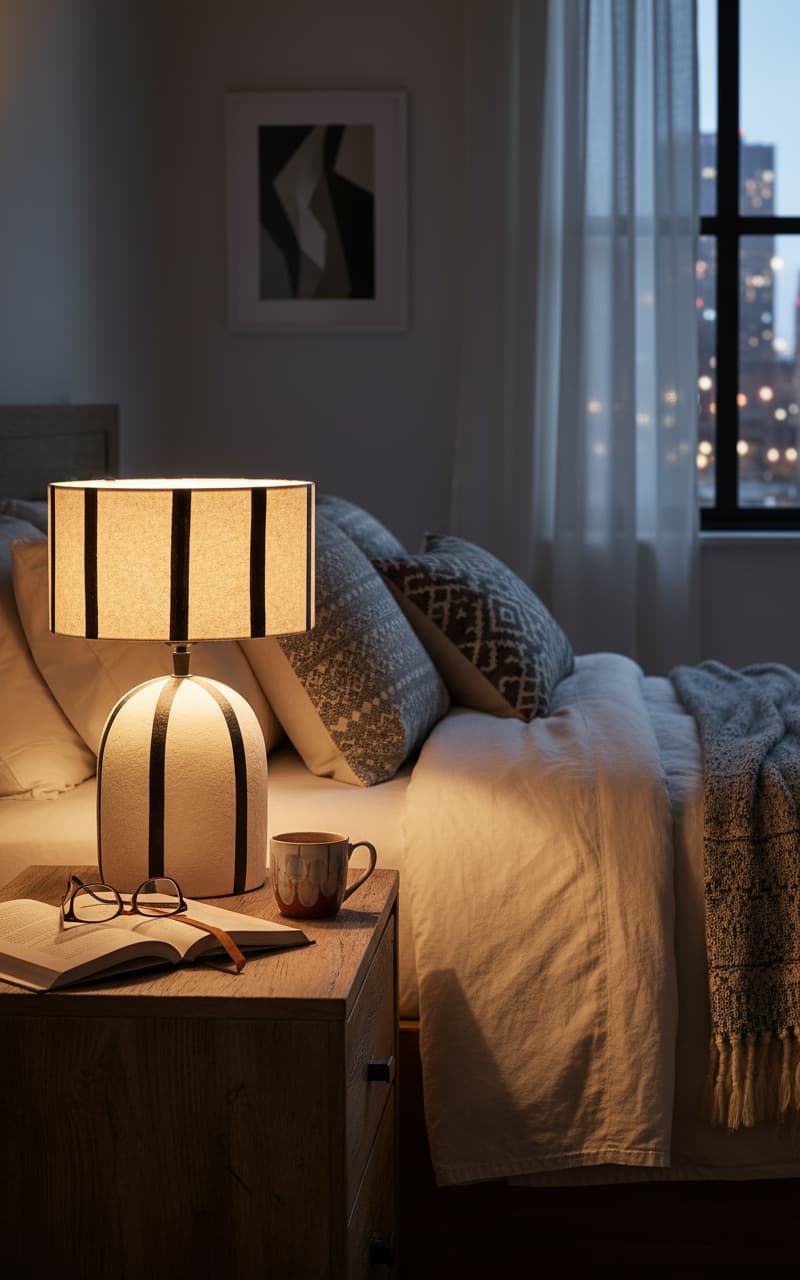 Vellum Black and White Stripe Papier Mache Table Lamp
