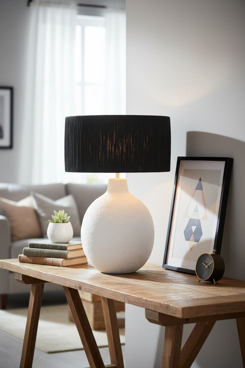 Vellum White Papier Mache Table Lamp With Black Raffia Shade
