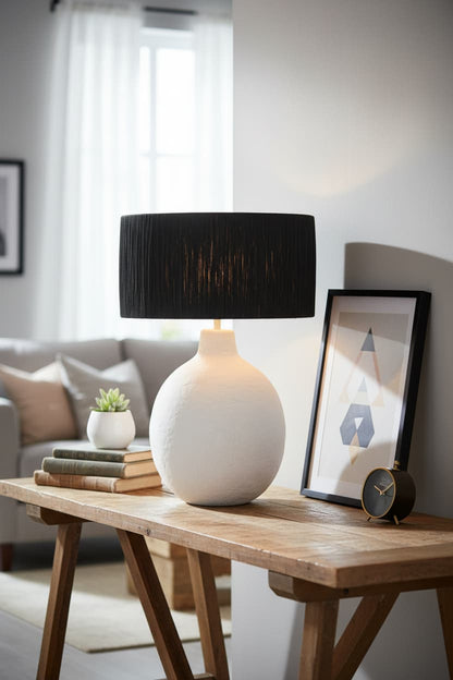 Vellum White Papier Mache Table Lamp With Black Raffia Shade