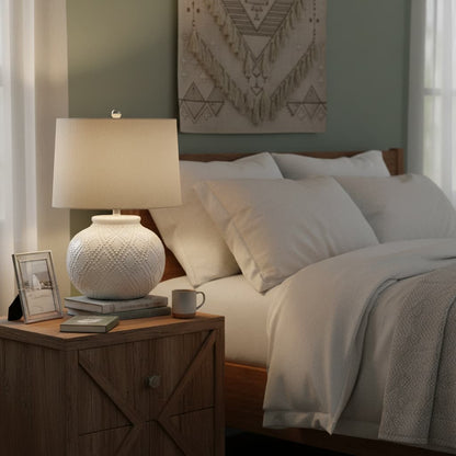 Squat White Beaded Ceramic Lamp With Linen Shade