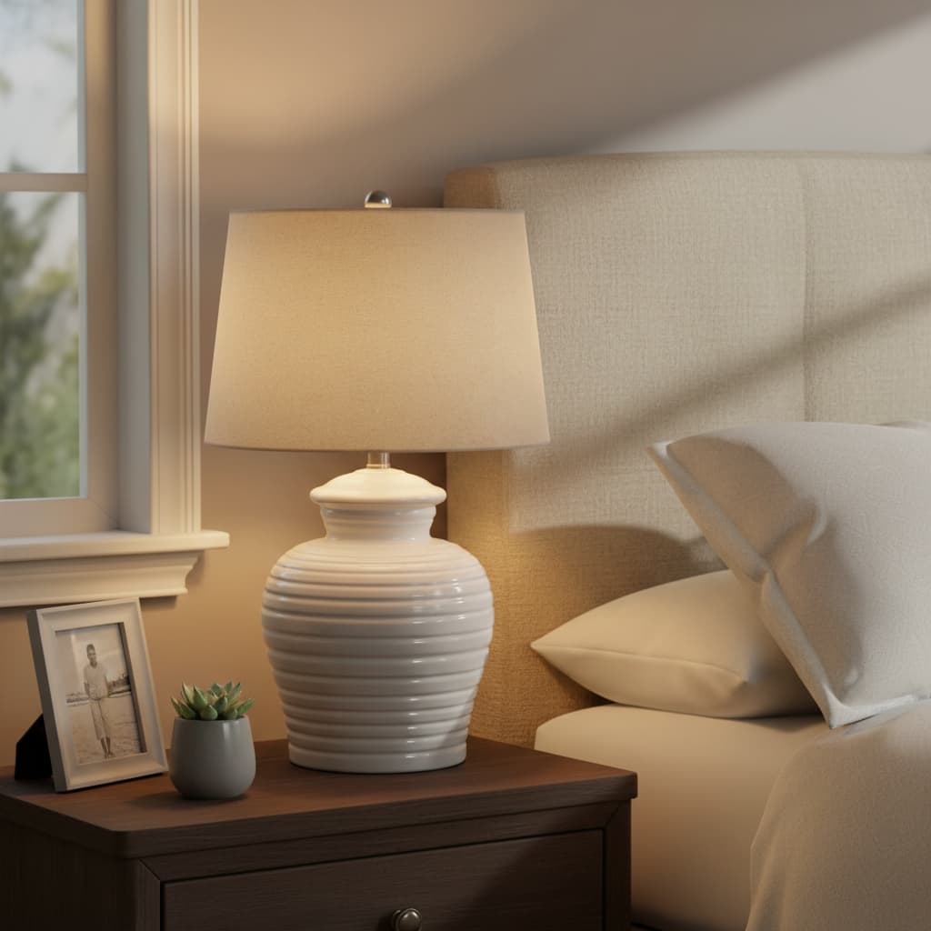 White Ceramic Pot Lamp With Linen Shade