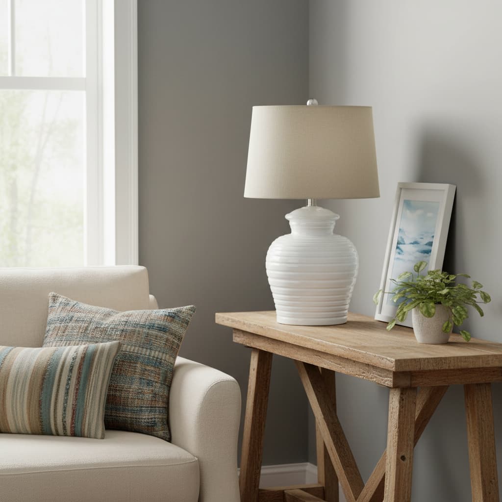 White Ceramic Pot Lamp With Linen Shade
